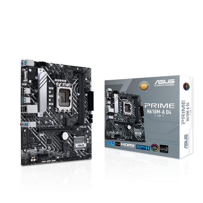 ASUS PRIME H610M-A D4-CSM - Motherboard - micro ATX - LGA1700 Socket - H610 Chipset - USB 3.2 Gen 1, USB 3.2 Gen 2 - Gigabit LAN - onboard graphics (CPU required) - HD Audio (8-channel)