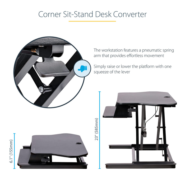 StarTech.com Height Adjustable Ergonomic Corner Sit Stand Desk Converter with Keyboard Tray 35 x 21 Inches Large Surface