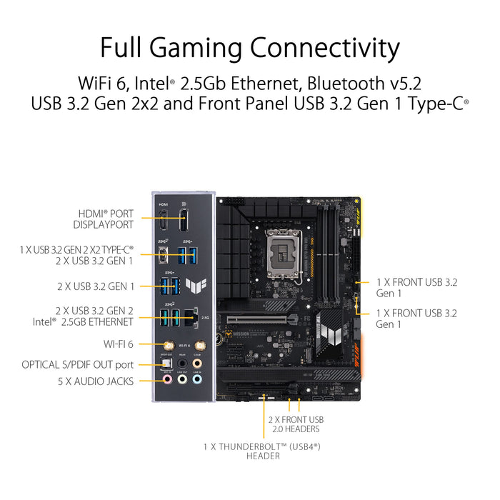 ASUS TUF GAMING H770-PRO WIFI - Motherboard - ATX - LGA1700 Socket - H770 Chipset - USB 3.2 Gen 1, USB 3.2 Gen 2, USB4, USB-C 3.2 Gen 2x2, USB-C 3.2 Gen 1 - 2.5 Gigabit LAN, Wi-Fi 6, Bluetooth - onboard graphics (CPU required) - HD Audio (8-channel)