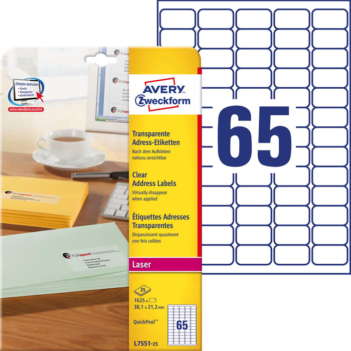 Avery L7551-25 Address Labels Self Adhesive 38.1 x 21.2 mm Clear 25 Sheets of 65 Labels