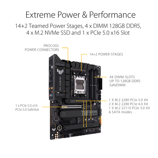 ASUS TUF GAMING X670E-PLUS WIFI - Motherboard - ATX - Socket AM5 - AMD X670 Chipset - USB 3.2 Gen 1, USB 3.2 Gen 2, USB-C Gen 2x2, USB-C 3.2 Gen2 - 2.5 Gigabit LAN, Wi-Fi 6, Bluetooth - onboard graphics (CPU required) - HD Audio (8-channel)