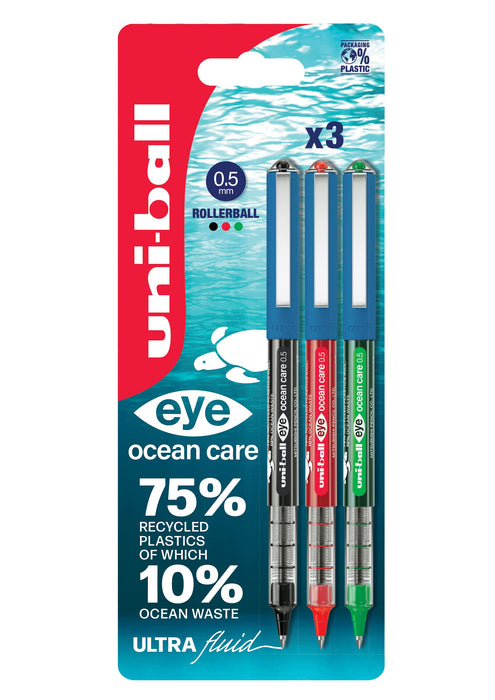 Uni-ball eye ocean care Rollerball Pen Black, Red, Green UB-150 Pack of 3