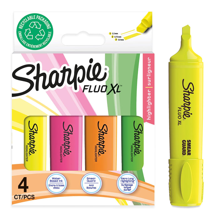 Sharpie FLUO XL Highlighter 1.5-2.7 mm Medium Green, Orange, Pink, Yellow Pack of 4