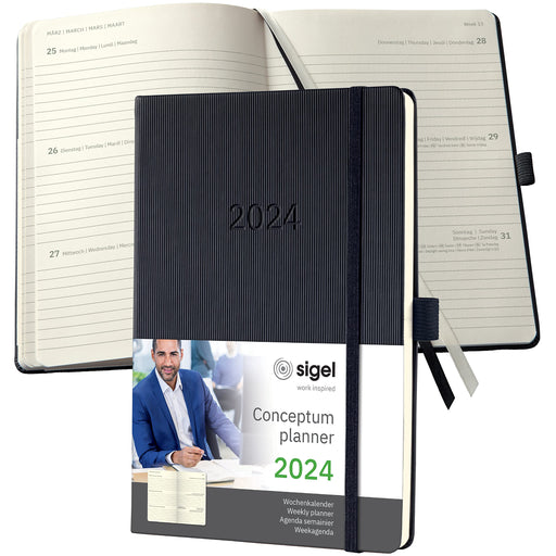 Sigel Conceptum Diary A5 Week To View 2024 Hard Cover Softwave Surface With Elastic Fastener And Pen Loop Black - C2412