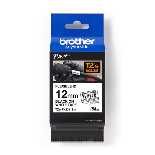 Brother TZEFX231 P-Touch Labelling Tape Authentic Adhesive Black on White 12 mm x 8 m