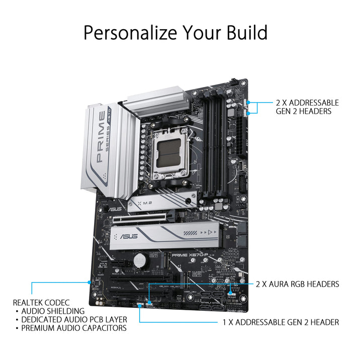 ASUS Prime X670-P - Motherboard - ATX - Socket AM5 - AMD X670 Chipset - USB 3.2 Gen 1, USB 3.2 Gen 2, USB-C Gen 2x2, USB-C 3.2 Gen 1 - 2.5 Gigabit LAN - onboard graphics (CPU required) - HD Audio (8-channel)