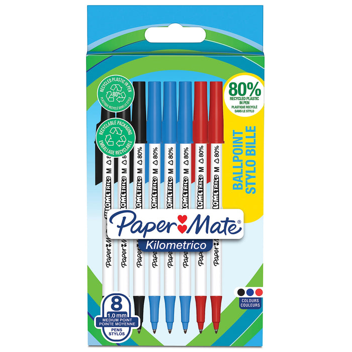 Paper Mate Kilometrico Ballpoint Pen Medium Point 1.0mm Black Blue & Red 80% recycled Plastic (Pack 8) - 2187680