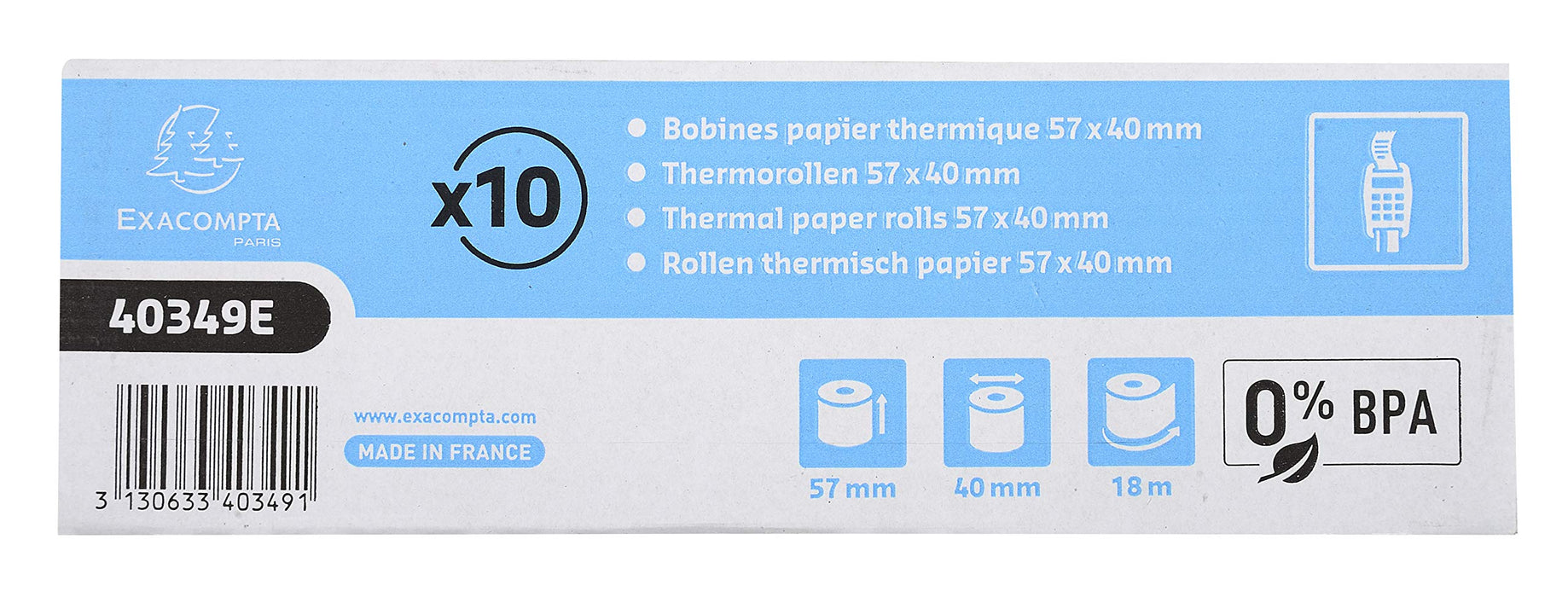 Exacompta Thermal Roll 57 mm x 40 mm x 12 mm x 18 m 50 gsm Pack of 10 Rolls of 18 m