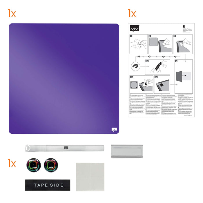 Nobo Mini Wall Mountable Magnetic Whiteboard Tile 1903897 Lacquered Steel Frameless 360 mm x 360 mm Purple