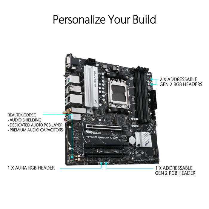 ASUS Prime B650M-A WIFI - Motherboard - micro ATX - Socket AM5 - AMD B650 Chipset - USB 3.2 Gen 1, USB 3.2 Gen 2, USB-C 3.2 Gen 1 - 2.5 Gigabit LAN, Wi-Fi 6, Bluetooth - onboard graphics (CPU required) - HD Audio (8-channel)