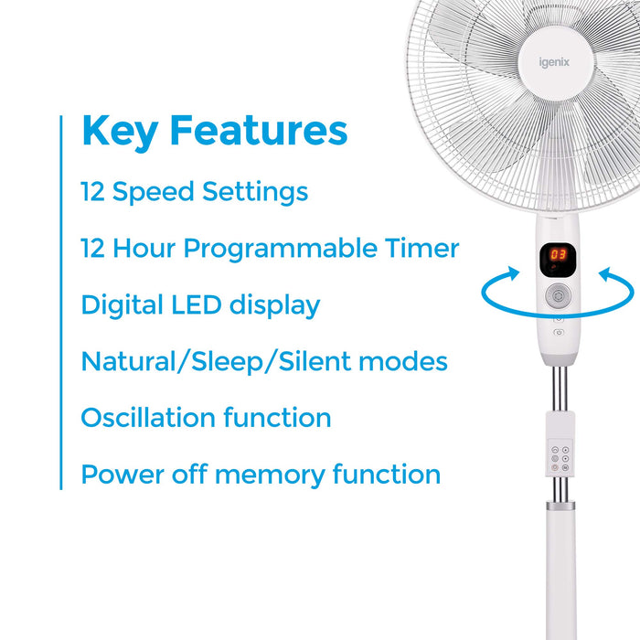 igenix Pedestal Fan DF1670 16 inch White 1 Speed Settings 40 x 45.2 x 136 cm