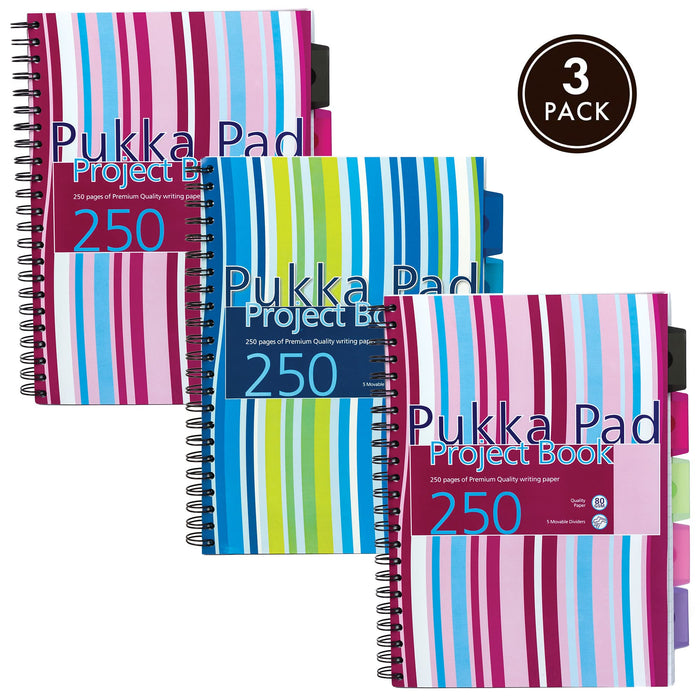 Pukka Pad Project Book Stripes A4 Ruled Spiral Bound PP (Polypropylene) Hardback Assorted Perforated 250 Pages Pack of 3