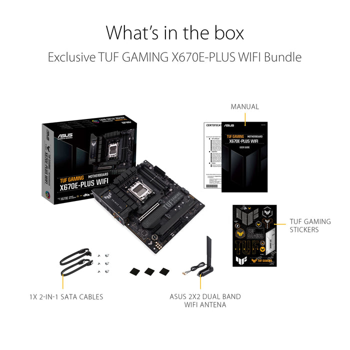 ASUS TUF GAMING X670E-PLUS WIFI - Motherboard - ATX - Socket AM5 - AMD X670 Chipset - USB 3.2 Gen 1, USB 3.2 Gen 2, USB-C Gen 2x2, USB-C 3.2 Gen2 - 2.5 Gigabit LAN, Wi-Fi 6, Bluetooth - onboard graphics (CPU required) - HD Audio (8-channel)