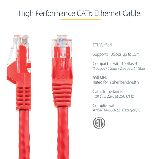 StarTech.com 100ft CAT6 UTP Red Snagless Gigabit Ethernet Cable ETL Verified