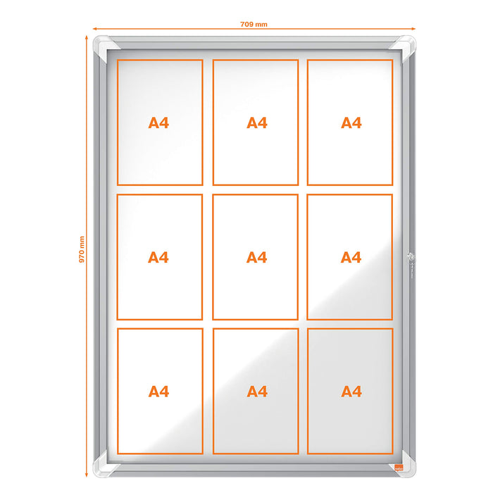 Nobo Premium Plus Wall Mountable Indoor Magnetic Lockable Notice Board 1902560 Aluminium Frame Hinged Safety Glass Door 9xA4 White 709 x 970 mm