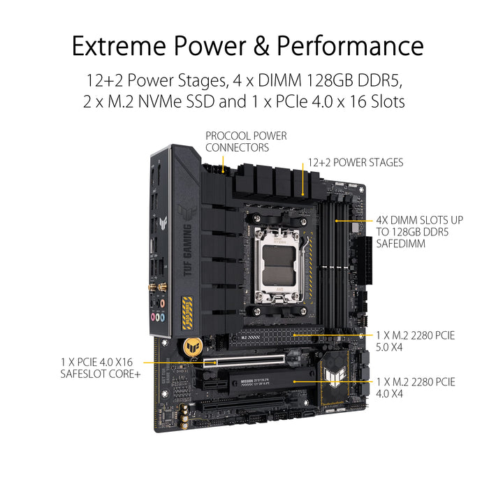 ASUS TUF Gaming B650M-Plus WIFI - Motherboard - micro ATX - Socket AM5 - AMD B650 Chipset - USB 3.1 Gen 2, USB 3.2 Gen 2, USB-C 3.2 Gen 2x2, USB-C 3.2 Gen 1 - 2.5 Gigabit LAN, Bluetooth - onboard graphics (CPU required) - HD Audio (8-channel)