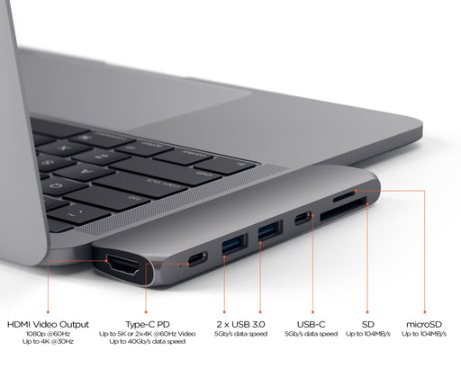 Satechi ST-CMBPM USB-C Male to HDMI, USB-C PD, 2 x USB-A, microSD Card Reader, SD Card Reader Pro Hub Adapter 4.25 inch Space Grey