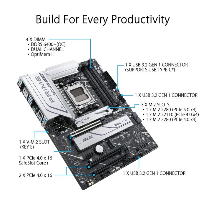 ASUS Prime X670-P - Motherboard - ATX - Socket AM5 - AMD X670 Chipset - USB 3.2 Gen 1, USB 3.2 Gen 2, USB-C Gen 2x2, USB-C 3.2 Gen 1 - 2.5 Gigabit LAN - onboard graphics (CPU required) - HD Audio (8-channel)