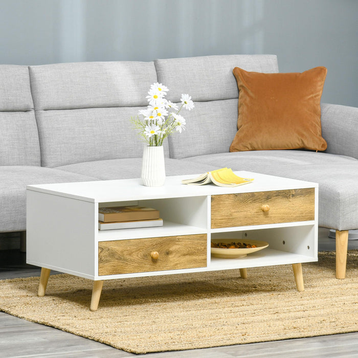 Homcom Coffee Table with 2 Drawers and 2 Shelves White, Brown