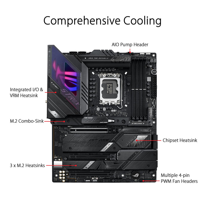 ASUS ROG Strix Z790-E Gaming WiFi - Motherboard - ATX - LGA1700 Socket - Z790 Chipset - USB 3.2 Gen 1, USB 3.2 Gen 2, USB-C 3.2 Gen2, USB-C 3.2 Gen 2x2 - 2.5 Gigabit LAN, Wi-Fi 6 - onboard graphics (CPU required) - HD Audio (8-channel)