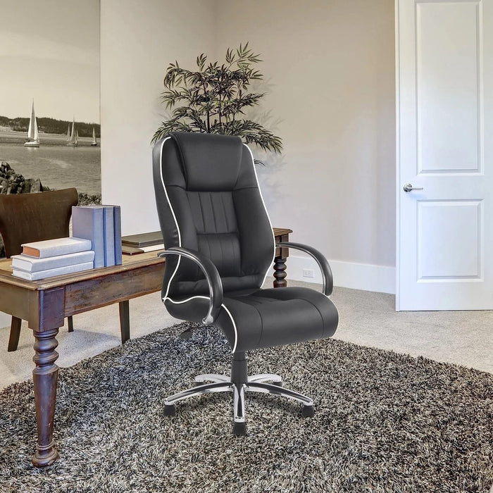 Nautilus Designs Ltd. High Back Leather Faced Executive Armchair with Contrasting Piping and Chrome Base Black