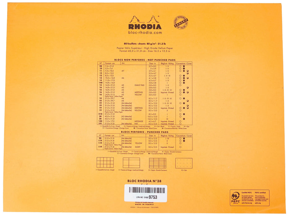 Rhodia Notepad 38200C A3+ Squared Stapled Top Bound Cardboard Soft Cover Orange Perforated 160 Pages