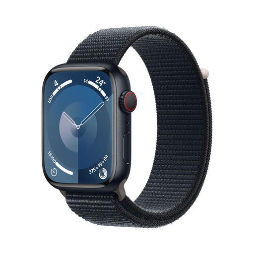 Apple Watch Series 9 (GPS + Cellular) - 45 mm - midnight aluminium - smart watch with sport loop - soft double-layer nylon - midnight - 64 GB - Wi-Fi, LTE, UWB, Bluetooth - 4G - 39 g