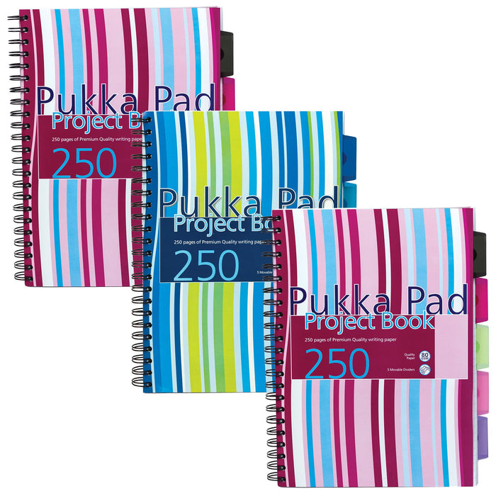 Pukka Pad Project Book Stripes A4 Ruled Spiral Bound PP (Polypropylene) Hardback Assorted Perforated 250 Pages Pack of 3