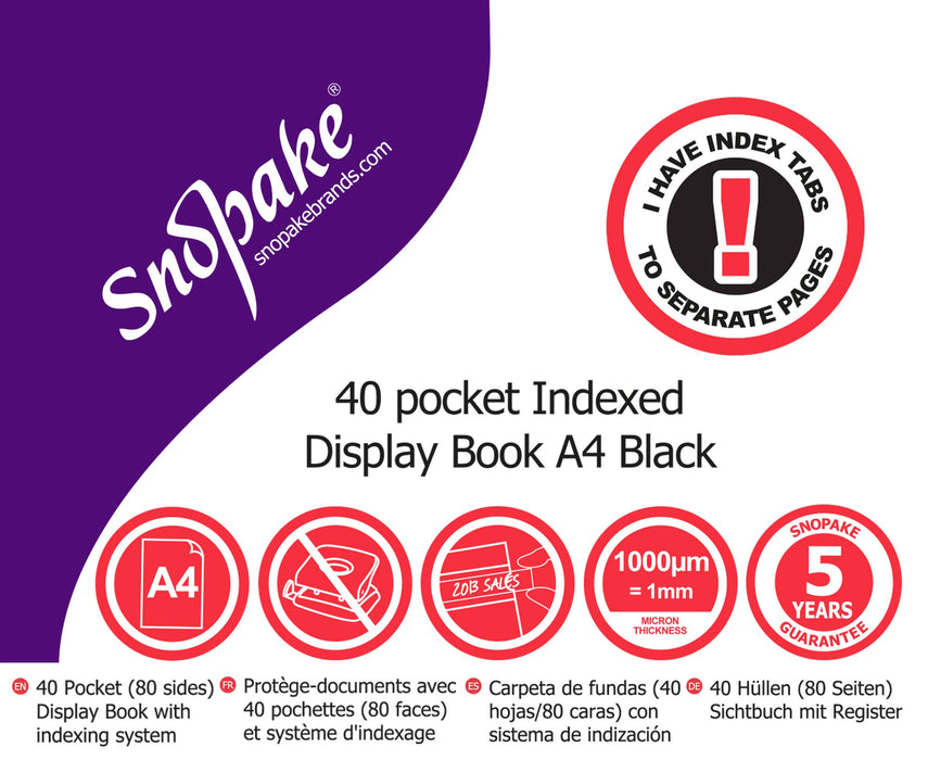 Snopake Display Books 12340 210 x 310 mm Black Polypropylene 25 (W) x 2.6 (D) x 31 (H) cm 40 Pockets