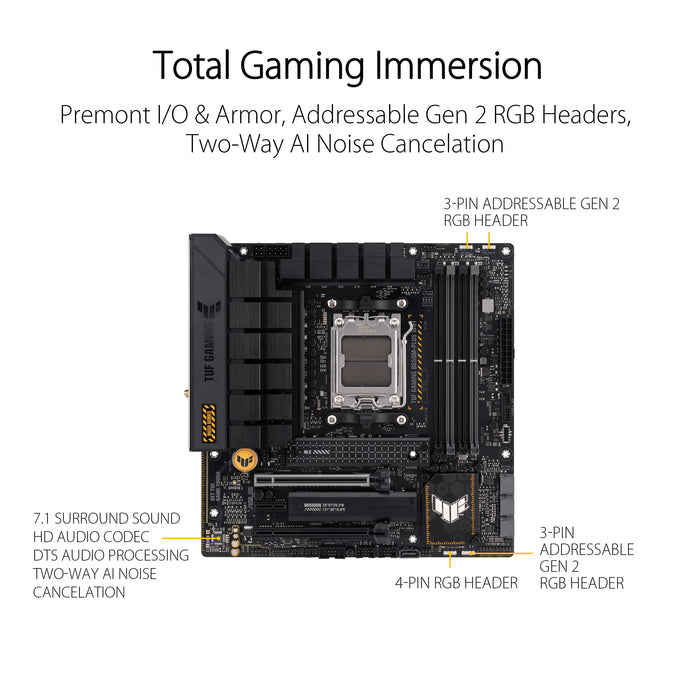 ASUS TUF Gaming B650M-Plus WIFI - Motherboard - micro ATX - Socket AM5 - AMD B650 Chipset - USB 3.1 Gen 2, USB 3.2 Gen 2, USB-C 3.2 Gen 2x2, USB-C 3.2 Gen 1 - 2.5 Gigabit LAN, Bluetooth - onboard graphics (CPU required) - HD Audio (8-channel)