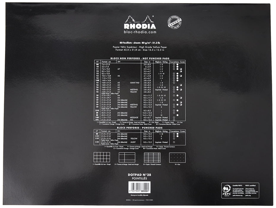 Rhodia Notepad 38559C A3+ Dotted Stapled Top Bound Cardboard Soft Cover Black Perforated 160 Pages