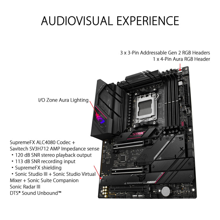 ASUS ROG Strix B650E-E Gaming WiFi - Motherboard - ATX - Socket AM5 - AMD B650 Chipset - USB 3.2 Gen 1, USB 3.2 Gen 2, USB-C 3.2 Gen2, USB-C 3.2 Gen 2x2 - 2.5 Gigabit LAN, Wi-Fi 6, Bluetooth - onboard graphics (CPU required) - HD Audio (8-channel)