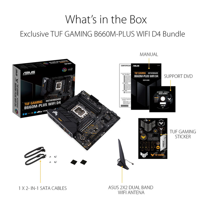 ASUS TUF GAMING B660-PLUS WIFI D4 - Motherboard - ATX - LGA1700 Socket - B660 Chipset - USB 3.2 Gen 1, USB 3.2 Gen 2, USB-C 3.2 Gen2, USB-C 3.2 Gen 2x2 - 2.5 Gigabit LAN, Wi-Fi 6, Bluetooth - onboard graphics (CPU required) - HD Audio (8-channel)