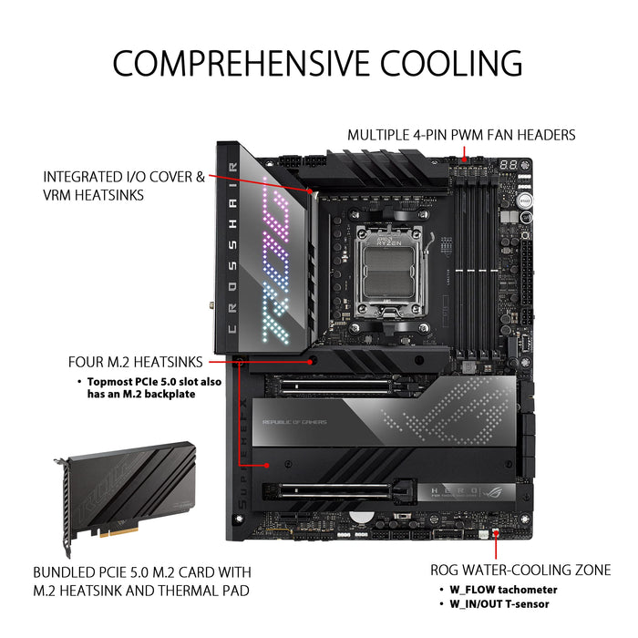 ASUS ROG CROSSHAIR X670E HERO - Motherboard - ATX - Socket AM5 - AMD X670 Chipset - USB 3.1 Gen 1, USB 3.2 Gen 2, USB4, USB-C 3.2 Gen2, USB-C 3.2 Gen 2x2 - 2.5 Gigabit LAN, Bluetooth, Wi-Fi - onboard graphics (CPU required) - HD Audio (8-channel)