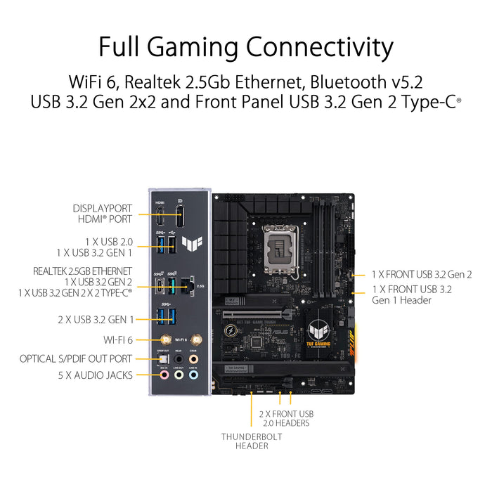 ASUS TUF GAMING B760-PLUS WIFI D4 - Motherboard - ATX - LGA1700 Socket - B760 Chipset - USB 3.2 Gen 1, USB 3.2 Gen 2, USB4, USB-C 3.2 Gen2, USB-C 3.2 Gen 2x2 - 2.5 Gigabit LAN, Wi-Fi 6, Bluetooth - onboard graphics (CPU required) - HD Audio (8-channel)