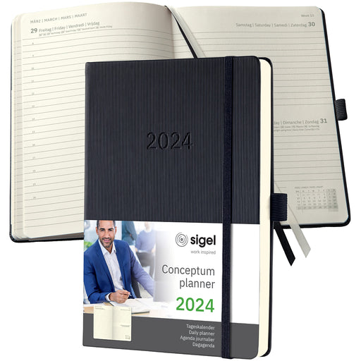 Sigel Conceptum Diary A5 Day To Page 2024 Hard Cover Softwave Surface With Elastic Fastener And Pen Loop Black - C2410