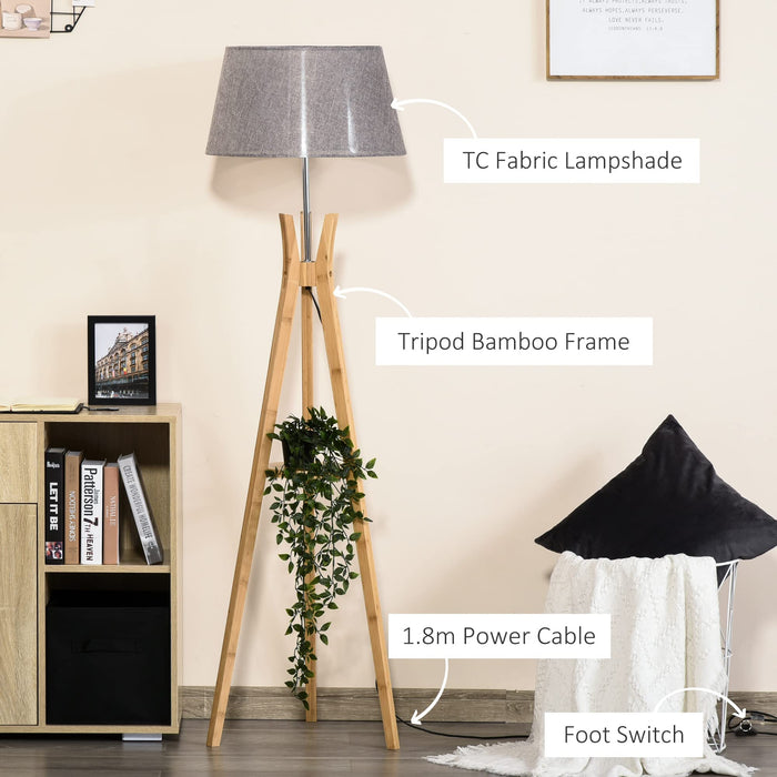 HOMCOM Floor Lamp 40W w/ Pedal Switch Middle Shelf Tripod HOMCOM Base Fabric Shade, Beige