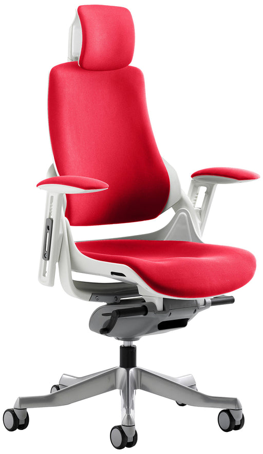 Dynamic Synchro Tilt Executive Chair With Cherry Red Fabric Height Adjustable Arms Zure White Frame Without Headrest High Back