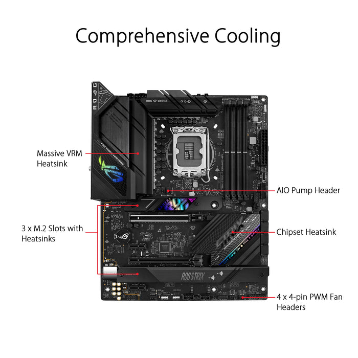 ASUS ROG STRIX B760-F GAMING WIFI - Motherboard - ATX - LGA1700 Socket - B760 Chipset - USB 3.2 Gen 1, USB 3.2 Gen 2, USB4, USB-C 3.2 Gen 2x2 - 2.5 Gigabit LAN, Bluetooth, Wi-Fi - onboard graphics (CPU required) - HD Audio (8-channel)