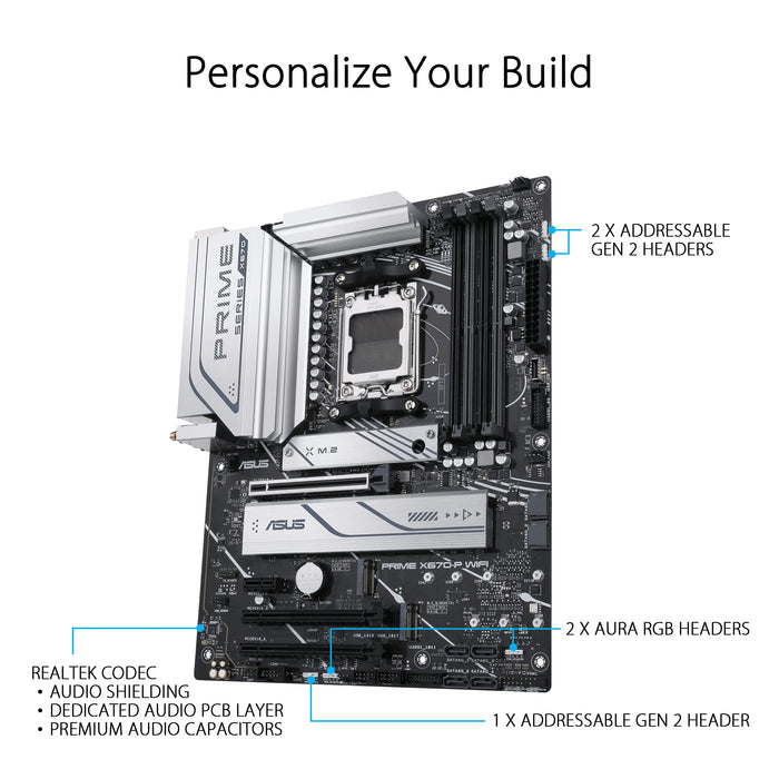 ASUS Prime X670-P WIFI - Motherboard - ATX - Socket AM5 - AMD X670 Chipset - USB 3.2 Gen 1, USB 3.2 Gen 2, USB-C Gen 2x2, USB-C 3.2 Gen 1 - 2.5 Gigabit LAN, Wi-Fi 6, Bluetooth - onboard graphics (CPU required) - HD Audio (8-channel)