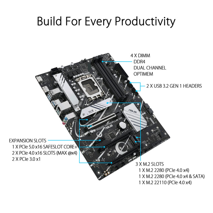 ASUS PRIME H770-PLUS D4 - Motherboard - ATX - LGA1700 Socket - H770 Chipset - USB 3.2 Gen 1, USB 3.2 Gen 2, USB4, USB-C 3.2 Gen2 - 2.5 Gigabit LAN - onboard graphics (CPU required) - HD Audio (8-channel)