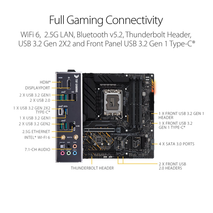 ASUS TUF GAMING B660-PLUS WIFI D4 - Motherboard - ATX - LGA1700 Socket - B660 Chipset - USB 3.2 Gen 1, USB 3.2 Gen 2, USB-C 3.2 Gen2, USB-C 3.2 Gen 2x2 - 2.5 Gigabit LAN, Wi-Fi 6, Bluetooth - onboard graphics (CPU required) - HD Audio (8-channel)