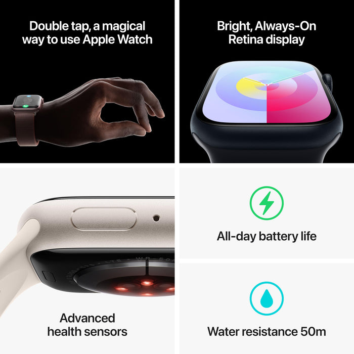 Apple Watch Series 9 (GPS + Cellular) - 45 mm - starlight aluminium - smart watch with sport band - fluoroelastomer - starlight - band size: M/L - 64 GB - Wi-Fi, LTE, UWB, Bluetooth - 4G - 39 g