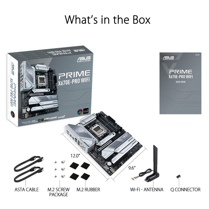 ASUS Prime X670E-PRO WIFI - Motherboard - ATX - Socket AM5 - AMD X670 Chipset - USB 3.2 Gen 1, USB 3.2 Gen 2, USB-C 3.2 Gen2, USB-C 3.2 Gen 2x2, USB-C 3.2 Gen 1 - 2.5 Gigabit LAN, Bluetooth, Wi-Fi - onboard graphics (CPU required) - HD Audio (8-channel)