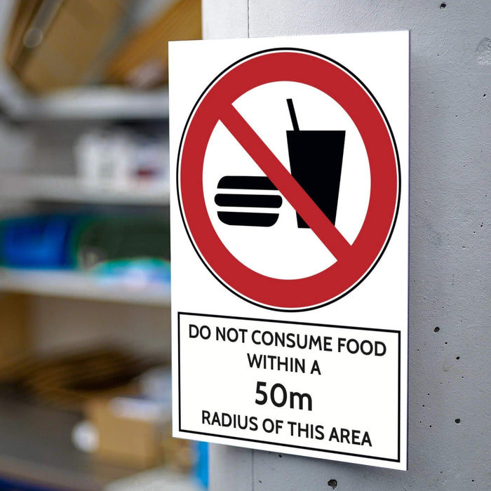 Trodat Health and Safety Sign Do not consume food within a 50 m radius of this area Aluminium 20 x 30 cm