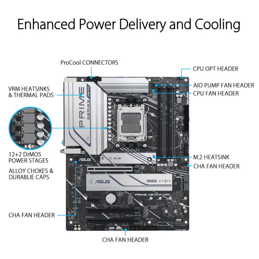 ASUS Prime X670-P WIFI - Motherboard - ATX - Socket AM5 - AMD X670 Chipset - USB 3.2 Gen 1, USB 3.2 Gen 2, USB-C Gen 2x2, USB-C 3.2 Gen 1 - 2.5 Gigabit LAN, Wi-Fi 6, Bluetooth - onboard graphics (CPU required) - HD Audio (8-channel)