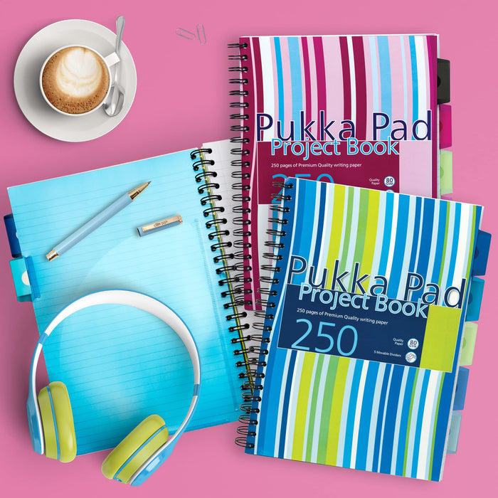 Pukka Pad Project Book Stripes A4 Ruled Spiral Bound PP (Polypropylene) Hardback Assorted Perforated 250 Pages Pack of 3