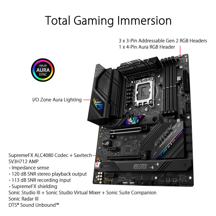 ASUS ROG STRIX B760-F GAMING WIFI - Motherboard - ATX - LGA1700 Socket - B760 Chipset - USB 3.2 Gen 1, USB 3.2 Gen 2, USB4, USB-C 3.2 Gen 2x2 - 2.5 Gigabit LAN, Bluetooth, Wi-Fi - onboard graphics (CPU required) - HD Audio (8-channel)