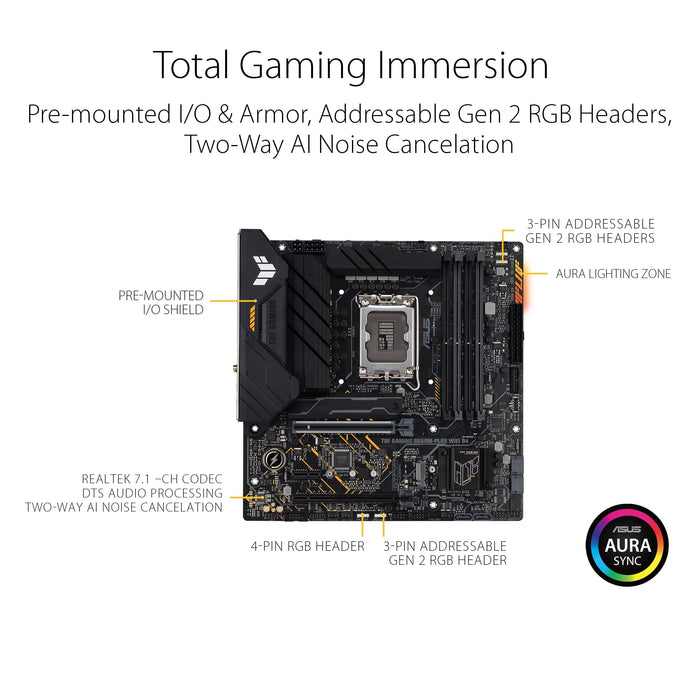 ASUS TUF GAMING B660-PLUS WIFI D4 - Motherboard - ATX - LGA1700 Socket - B660 Chipset - USB 3.2 Gen 1, USB 3.2 Gen 2, USB-C 3.2 Gen2, USB-C 3.2 Gen 2x2 - 2.5 Gigabit LAN, Wi-Fi 6, Bluetooth - onboard graphics (CPU required) - HD Audio (8-channel)