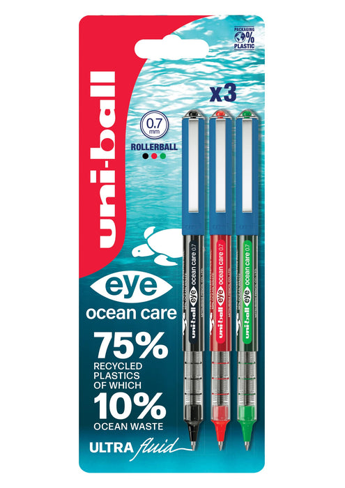 Uni-ball eye ocean care Rollerball Pen Black, Red, Green UB-157 Pack of 3